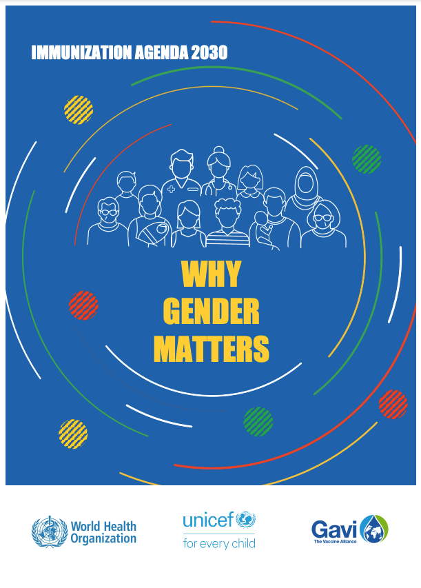 A poster titled "Immunization Agenda 2030" with the heading "Why Gender Matters." It features outlined illustrations of diverse people surrounded by circular patterns. Logos of the World Health Organization, UNICEF, and Gavi are displayed at the bottom.